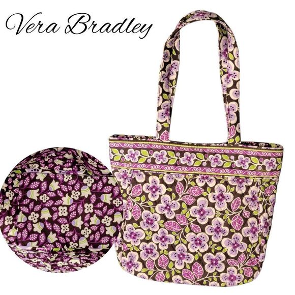 Vera Bradley Book Bag Shoulder Bag Tote in Plum Petals - Picture 12 of 13